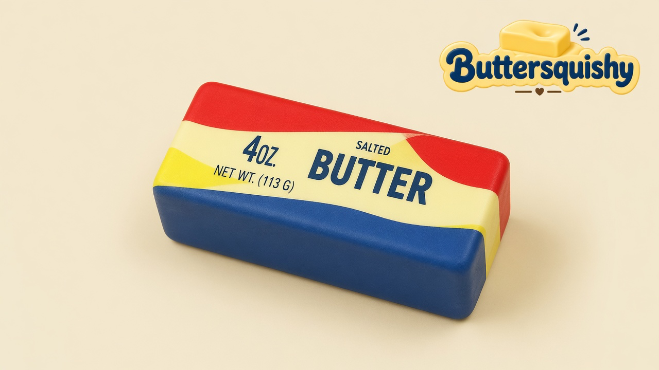 One Rainbow Stripe Butter stick with red, yellow, and blue bands on a cream studio background, Buttersquishy logo at upper right