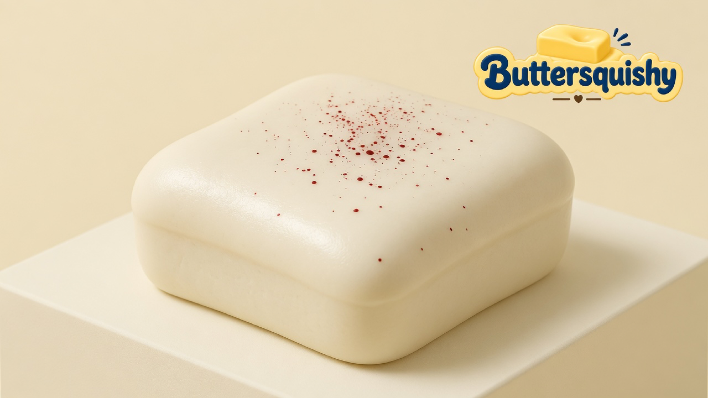 A cream rounded Bread Toast Loaf with scattered red speckles on a light-yellow cream studio platform, Buttersquishy logo in the upper right