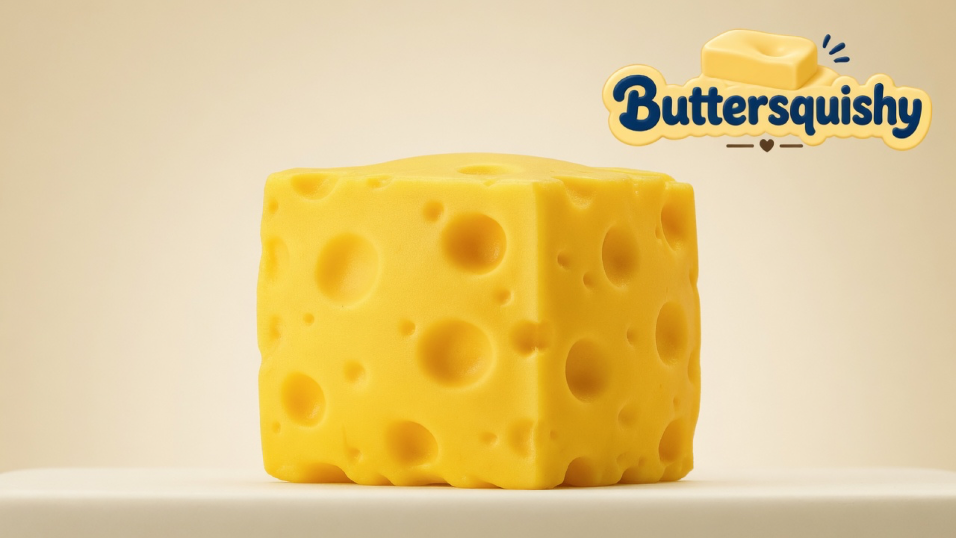 One bright yellow Cheese Cube Loaf with mixed-size holes on a light-yellow cream studio platform, Buttersquishy logo in the upper right