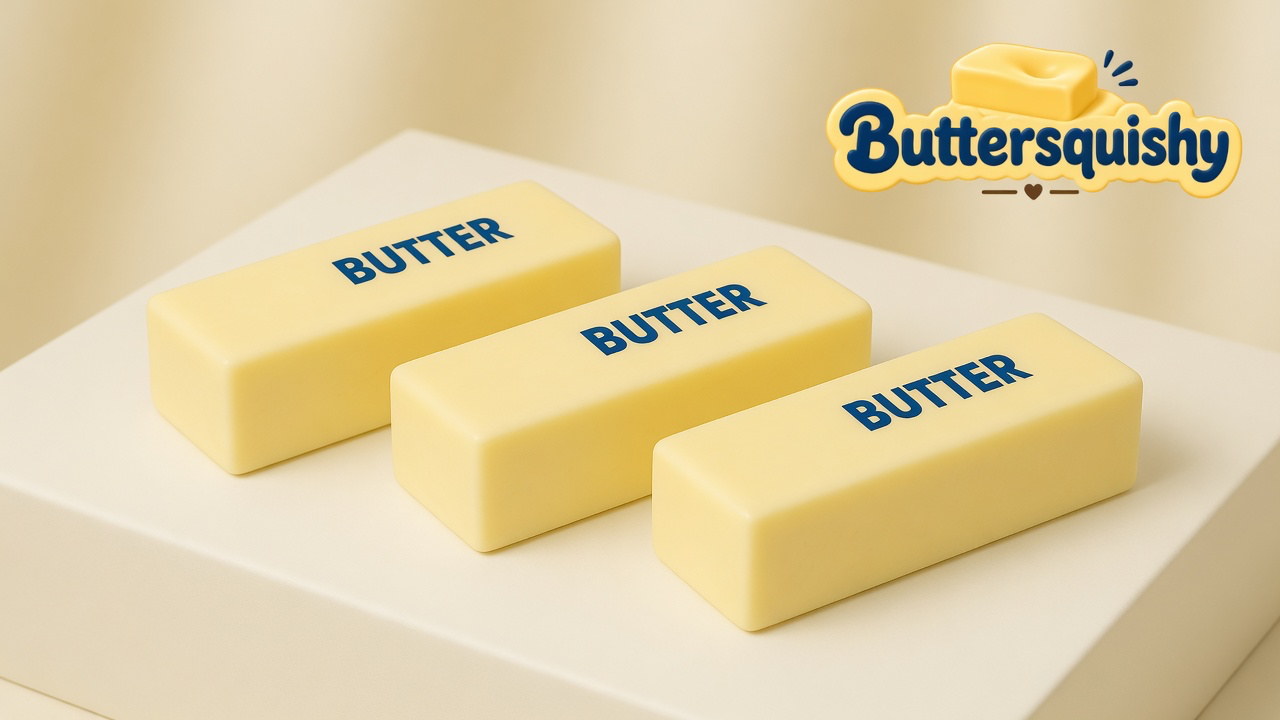 Three matching pale-yellow Classic Butter Stick loaves printed BUTTER on a light-yellow cream studio platform, Buttersquishy logo in the upper right
