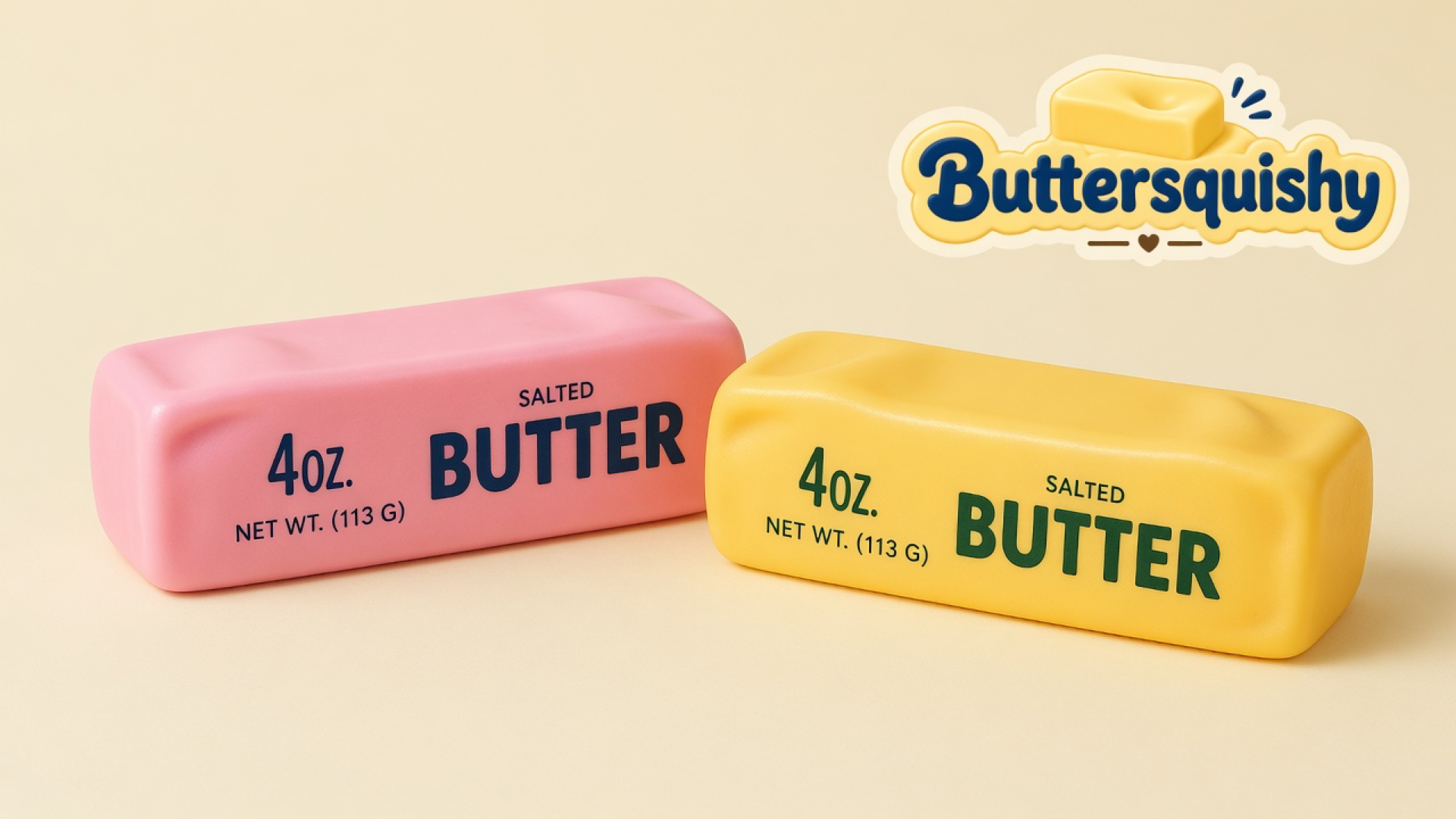 Candy-pink and yellow-orange Pink Orange Crunch Butter sticks printed SALTED BUTTER on a light-yellow cream studio background, with the Buttersquishy logo in the upper right