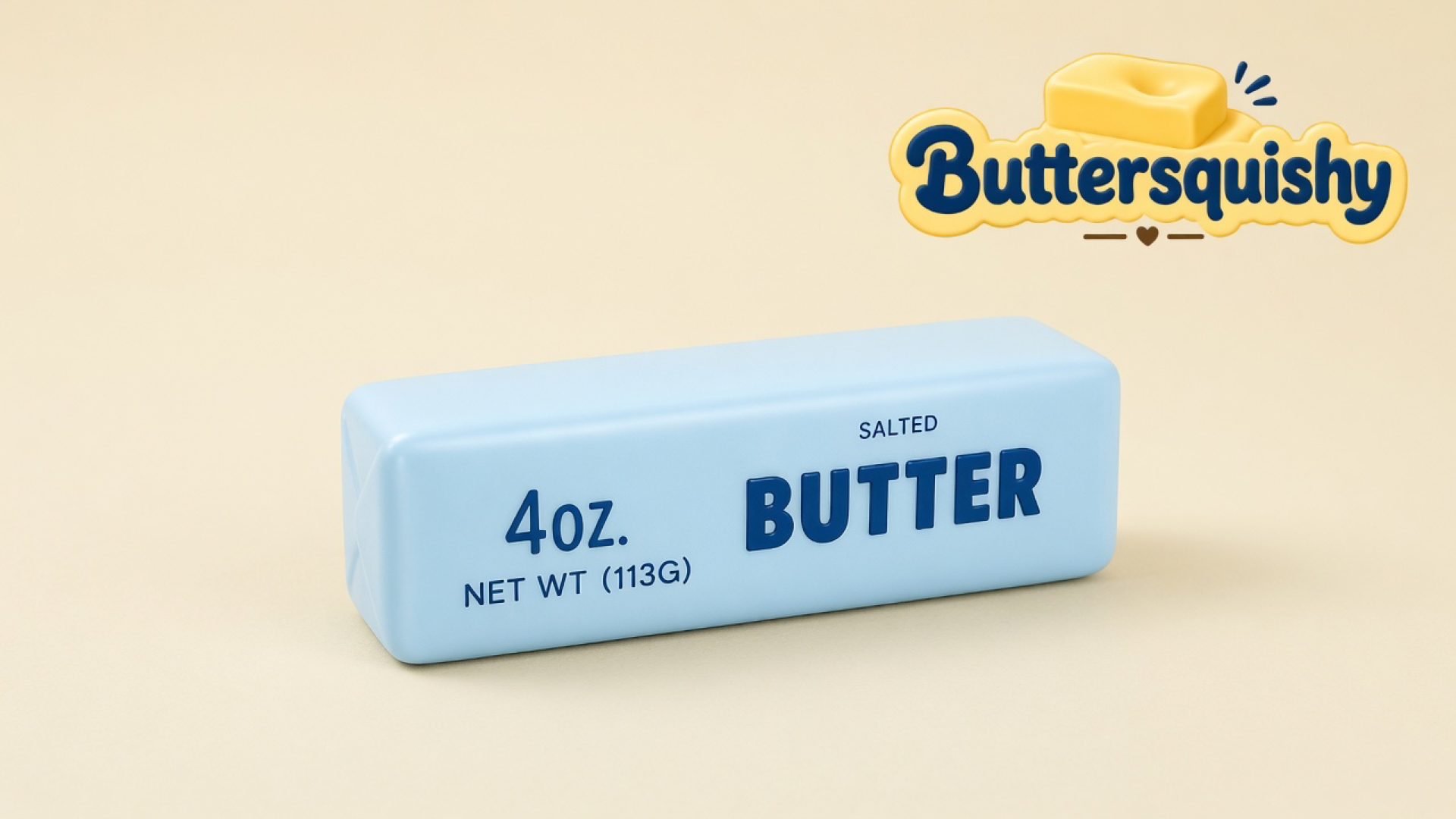 One pale baby-blue salted-butter stick toy on a light-yellow cream studio surface, Buttersquishy logo in the upper right