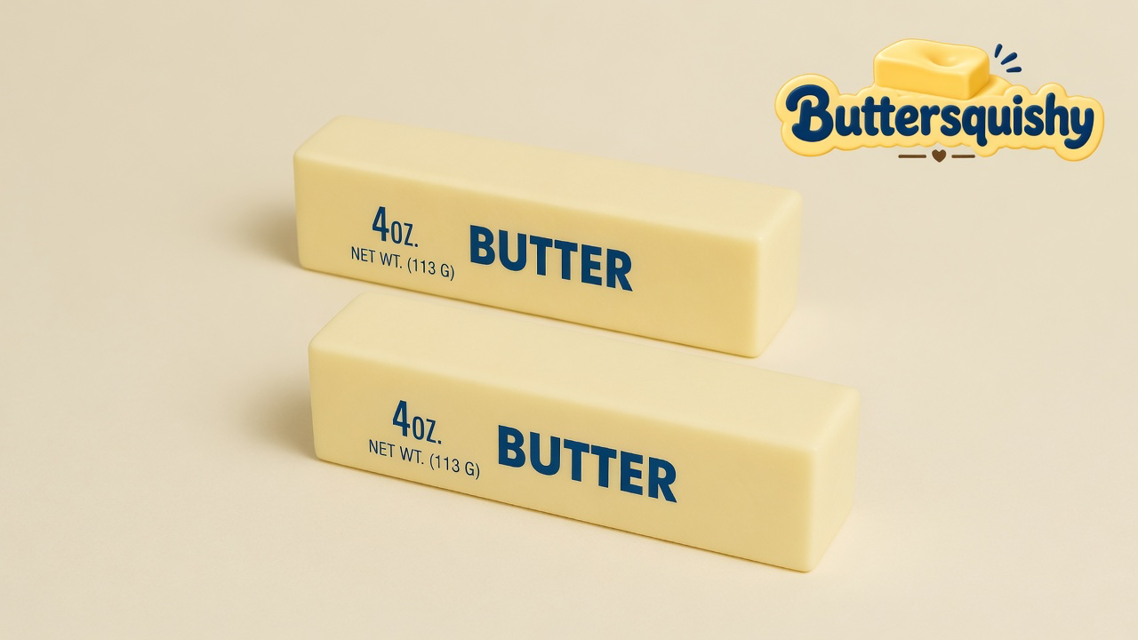 Two matching pale-yellow rectangular Bread Toast Loaf sticks with navy 4OZ. and BUTTER print on a light-yellow cream studio, Buttersquishy logo in the upper right