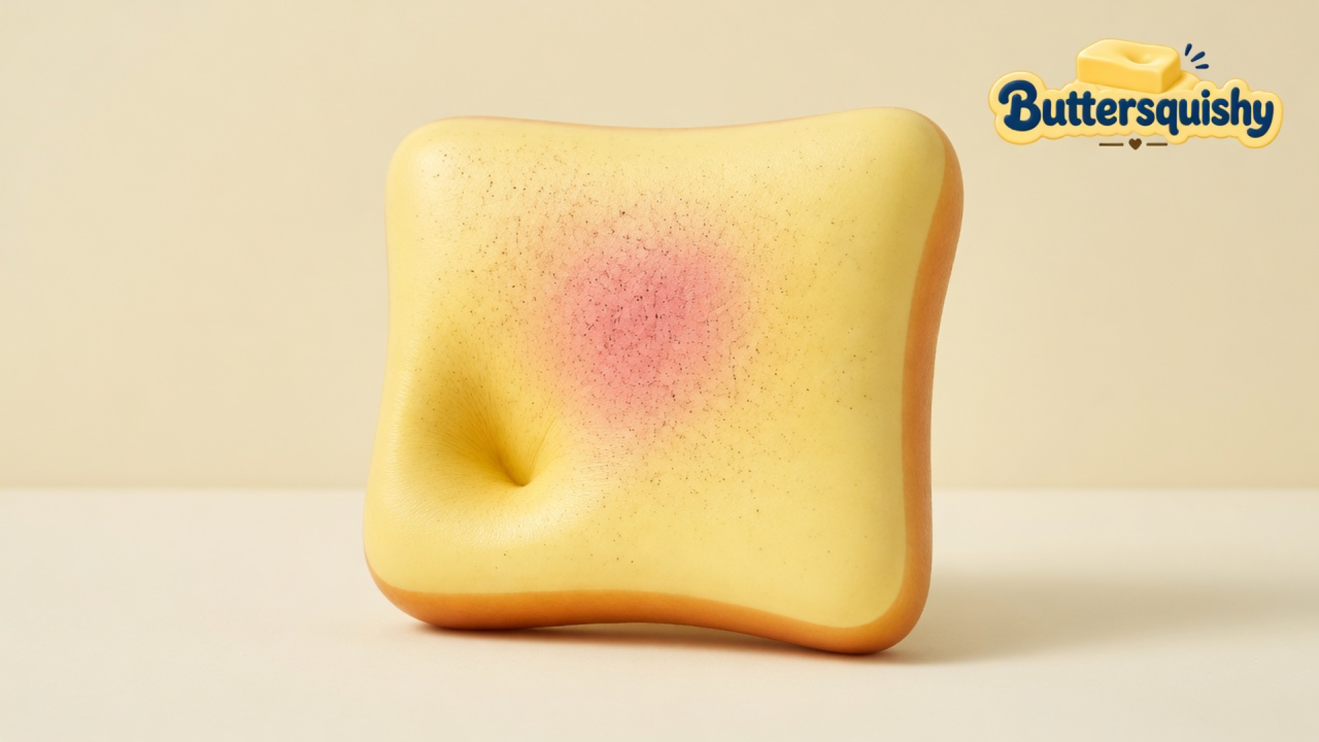 A square pale-yellow toast-slice squishy with a pink blush, golden crust, and a thumb dent, on a light-yellow cream studio surface, Buttersquishy logo in the upper right