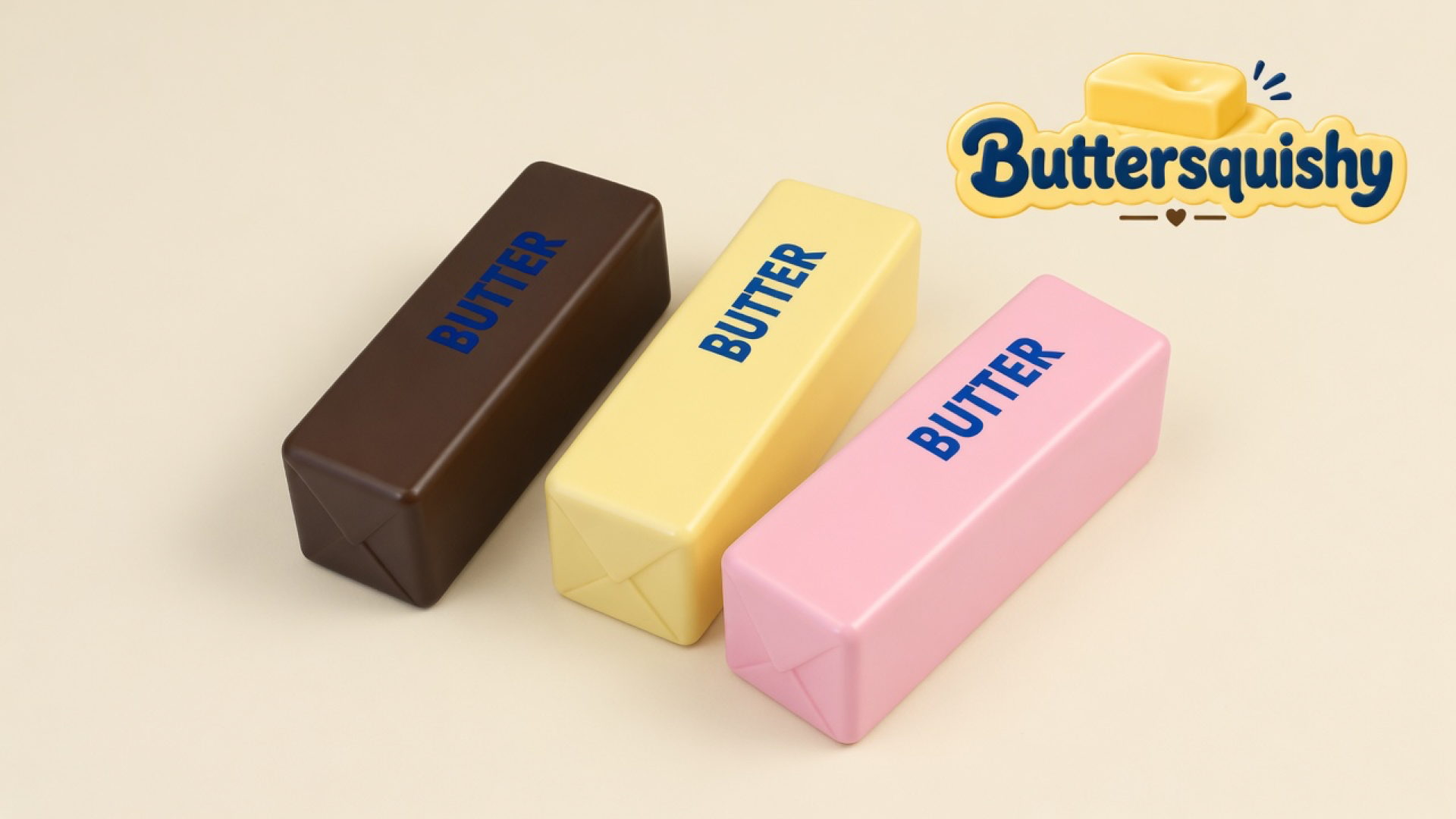 Three Chocolate Berry Butter sticks in chocolate brown, pale yellow, and berry pink with navy BUTTER prints on a light-yellow cream studio surface, Buttersquishy logo in the upper right