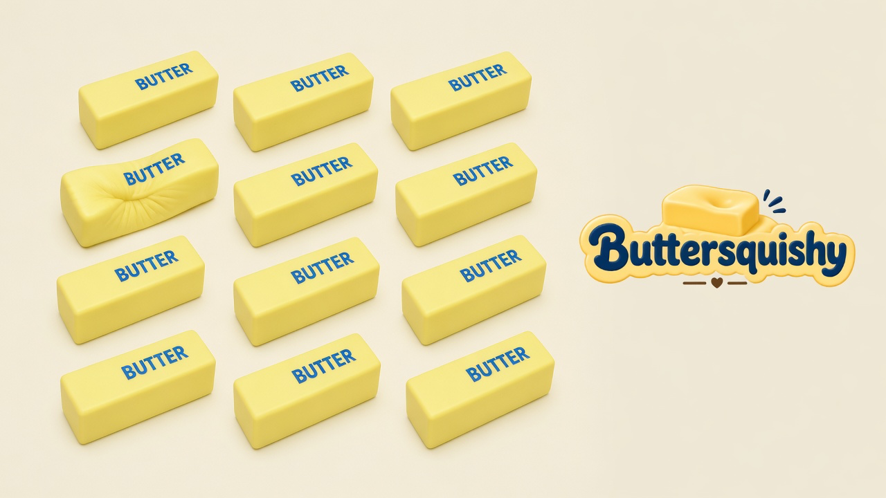 Twelve pale-yellow rectangular butter-stick toys with blue BUTTER print on a light-yellow cream studio, Buttersquishy logo in the upper right