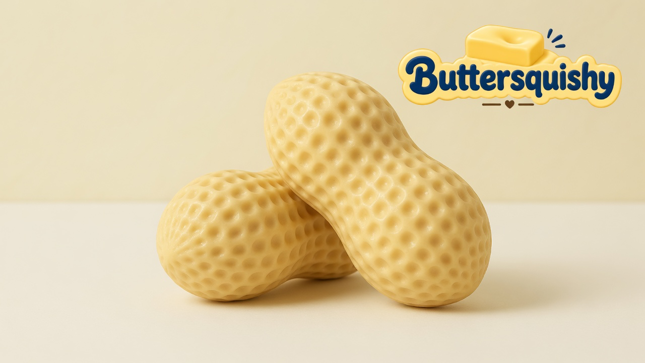 Two pale-yellow dimpled peanut-shell squishies on a light-yellow cream studio, Buttersquishy logo in the upper right