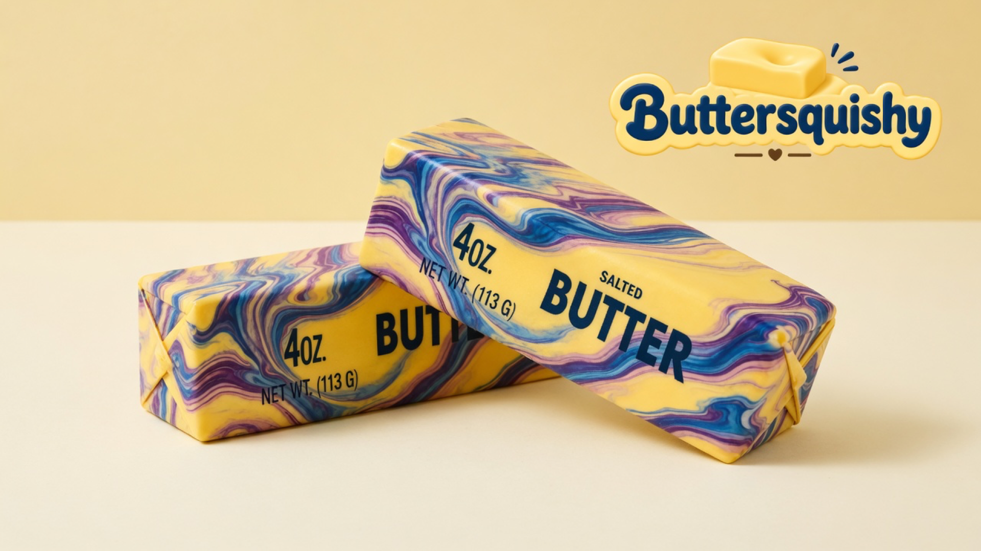 Two Oil-Paint Swirl Butter sticks with yellow SALTED BUTTER faces and blue-purple marble sides on a light-yellow cream studio, Buttersquishy logo in the upper right