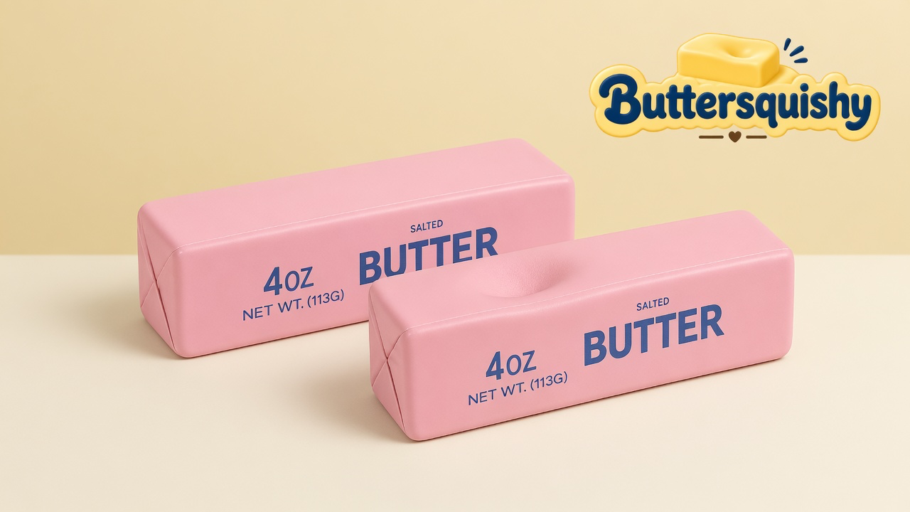 Two matching candy-pink butter-stick toys with navy SALTED BUTTER type on a cream studio surface, Buttersquishy logo upper right