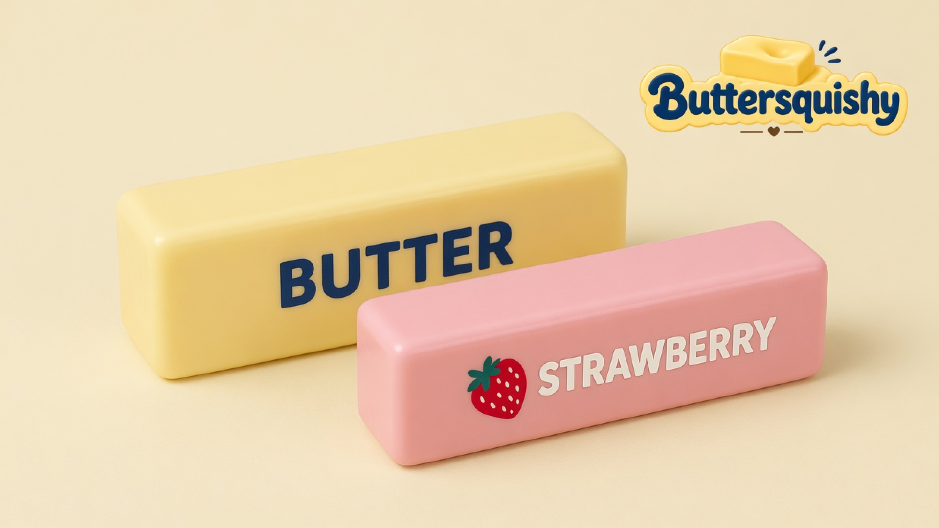 Pale yellow BUTTER loaf and pink STRAWBERRY loaf on a light-yellow cream studio background, Buttersquishy logo in the upper right