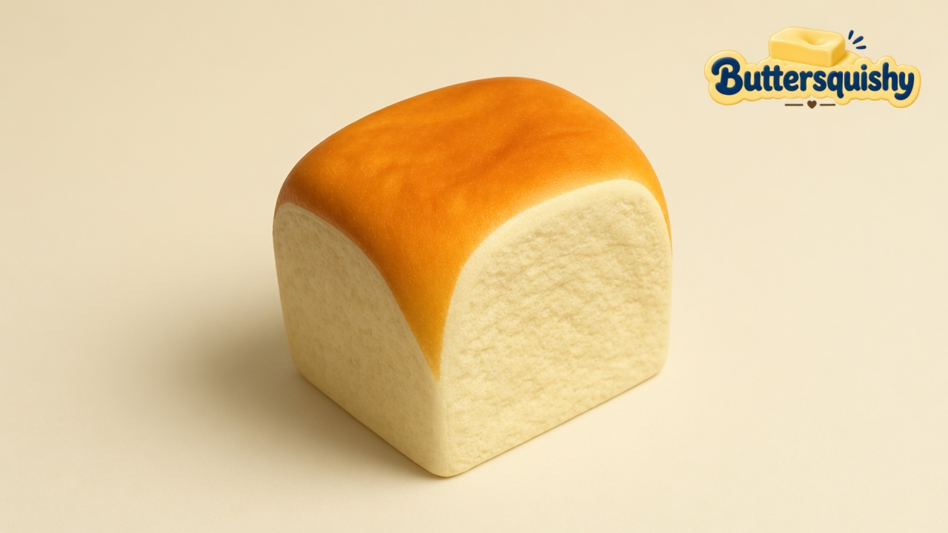 Golden-crust Bread Toast Loaf with ivory crumb sides on a light-yellow cream studio, Buttersquishy logo at upper right