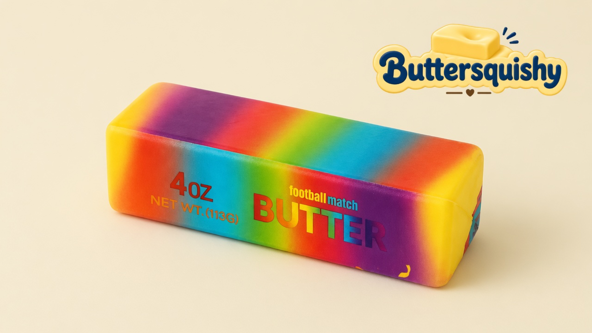 One Candy Gradient Butter loaf with yellow-to-violet candy bands and football-match BUTTER print on a light-yellow cream studio, Buttersquishy logo at upper right