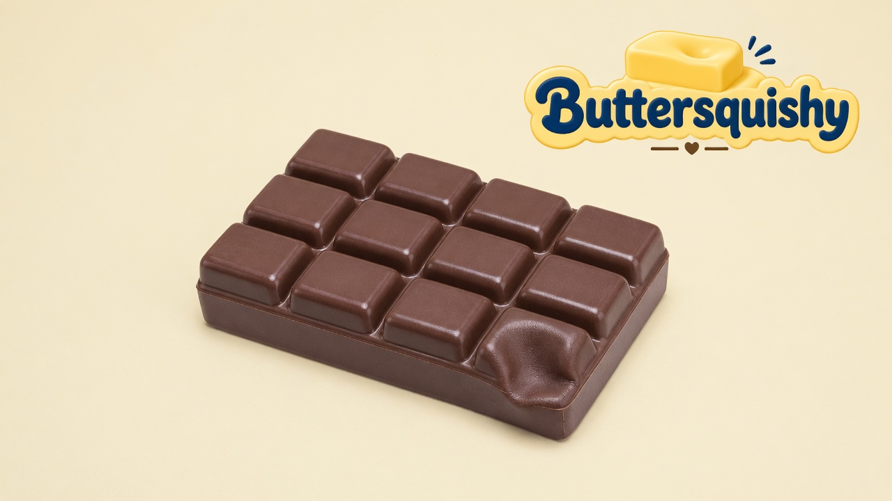 One milk-chocolate bar squishy with a twelve-square grid and a dented corner square, on a light-yellow cream studio, Buttersquishy logo at upper right