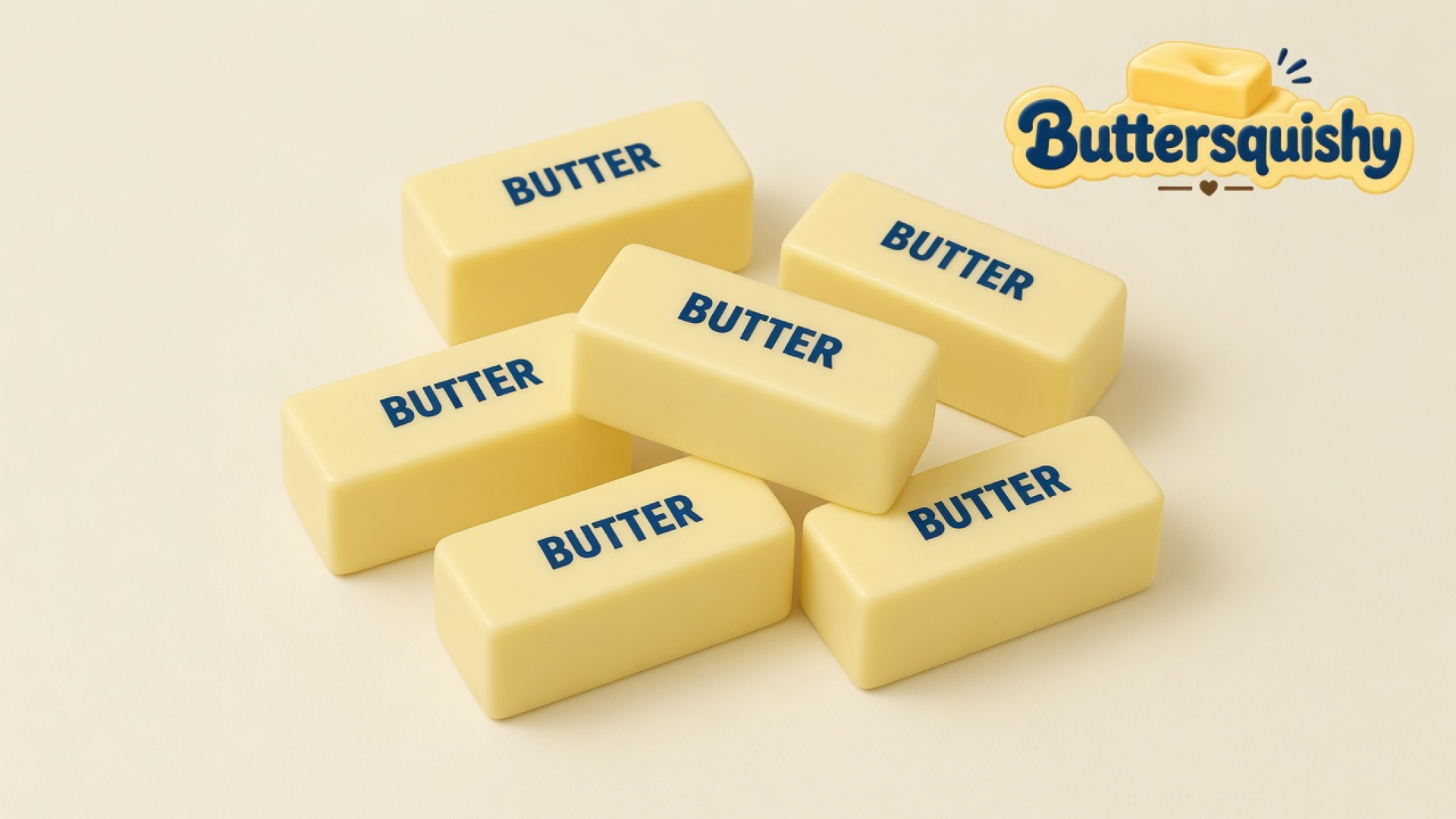 Six pale-yellow Classic Butter Stick loaves printed BUTTER on a light-yellow cream studio, Buttersquishy logo at upper right