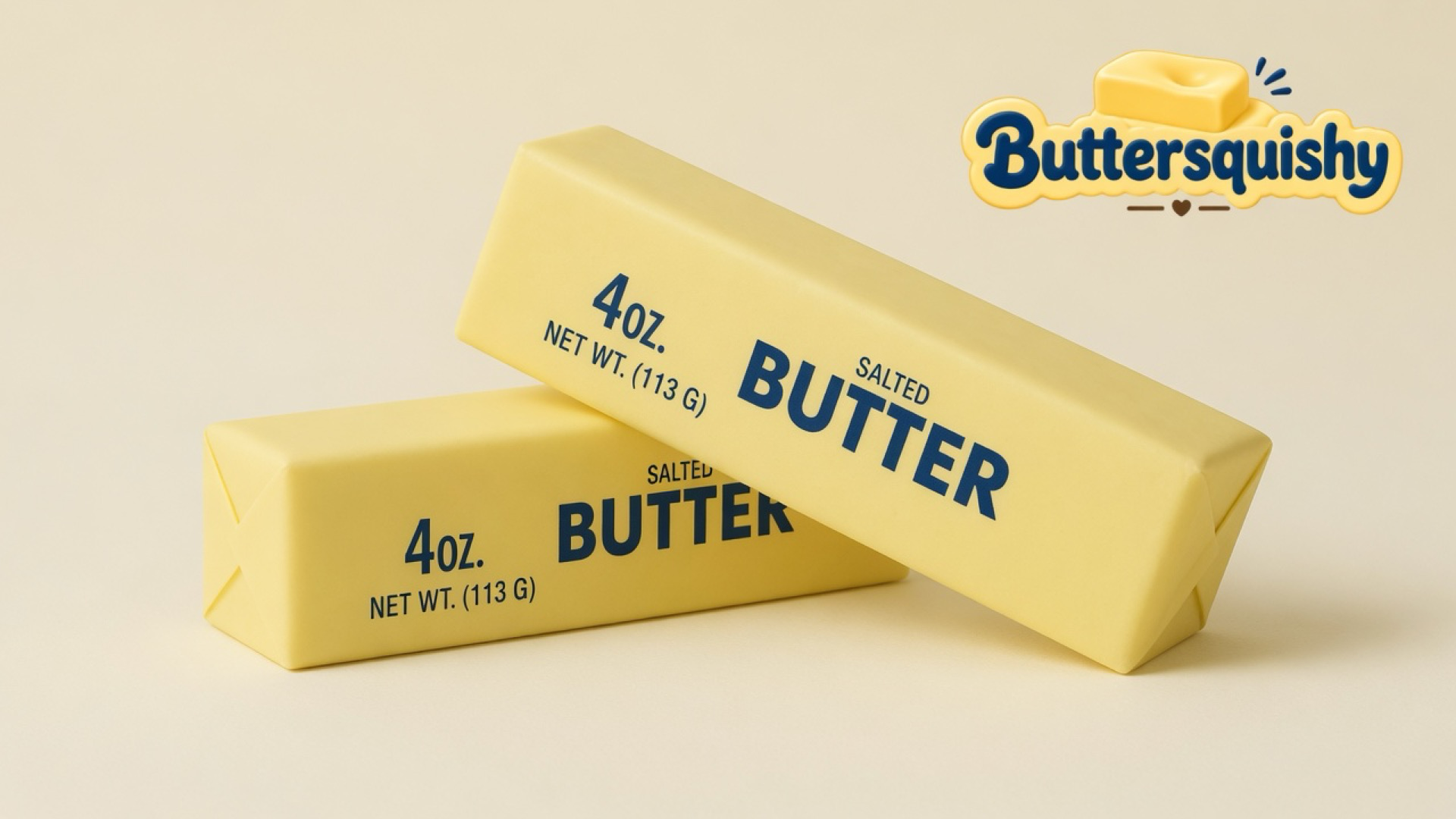 Two pale-yellow Classic Gift Butter sticks printed 4oz. NET WT.(113 G) SALTED BUTTER on a light-yellow cream studio, Buttersquishy logo at upper right