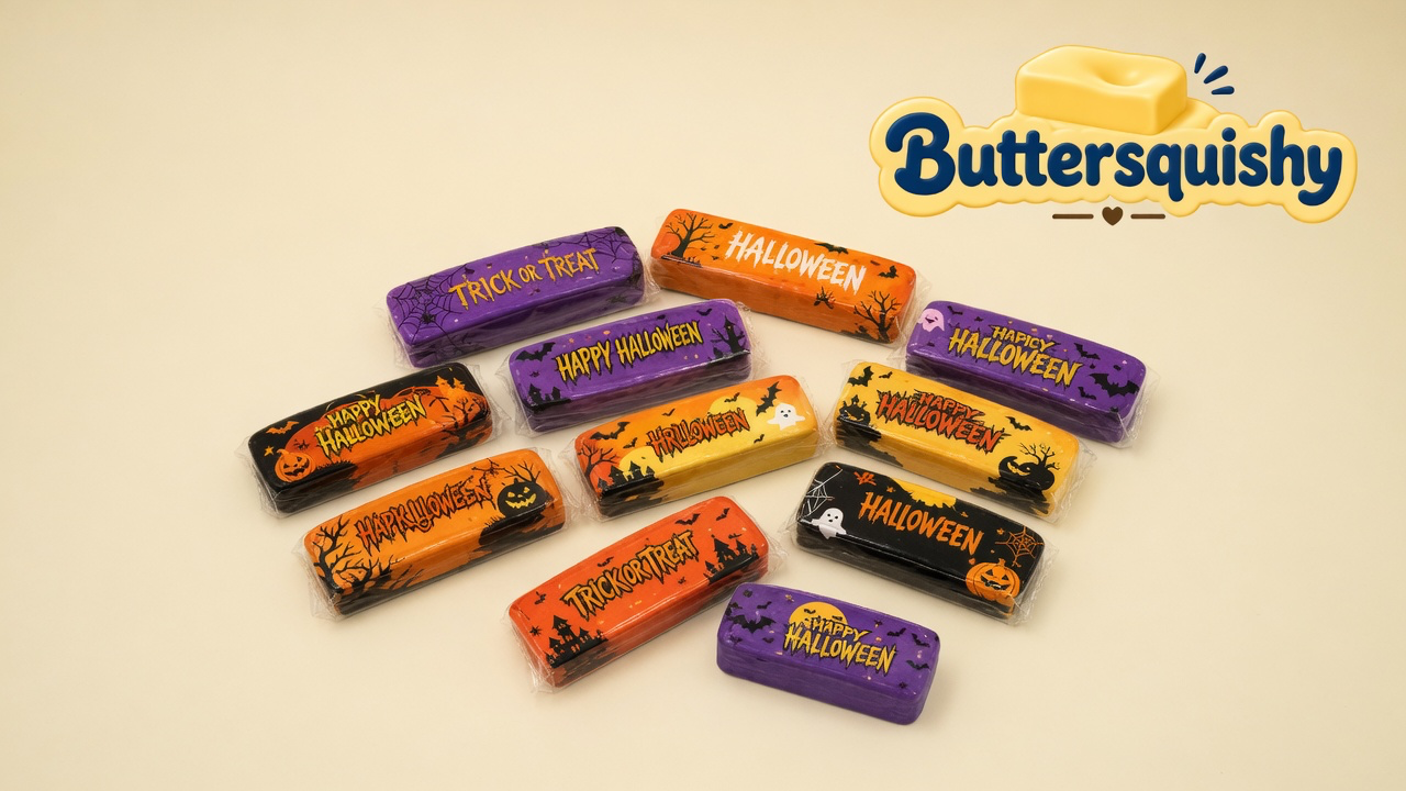 Wrapped Halloween Ghost Butter sticks on a cream studio surface, with the Buttersquishy logo in the upper right