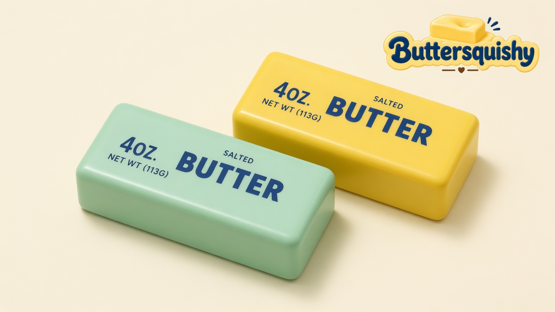 Pale mint and lemon-yellow Mint Lemon Crunch Butter sticks printed SALTED BUTTER on a light-yellow cream studio, Buttersquishy logo at upper right