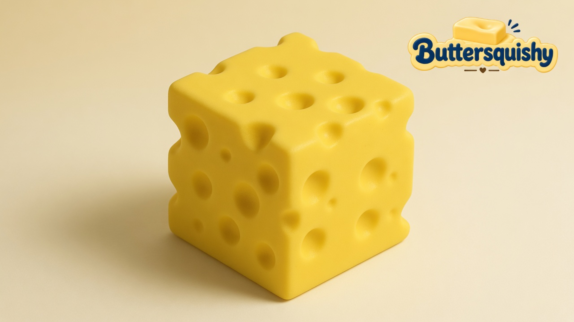 One bright yellow Cheese Cube Loaf with mixed-size Swiss holes on a light-yellow cream studio, Buttersquishy logo in the upper right