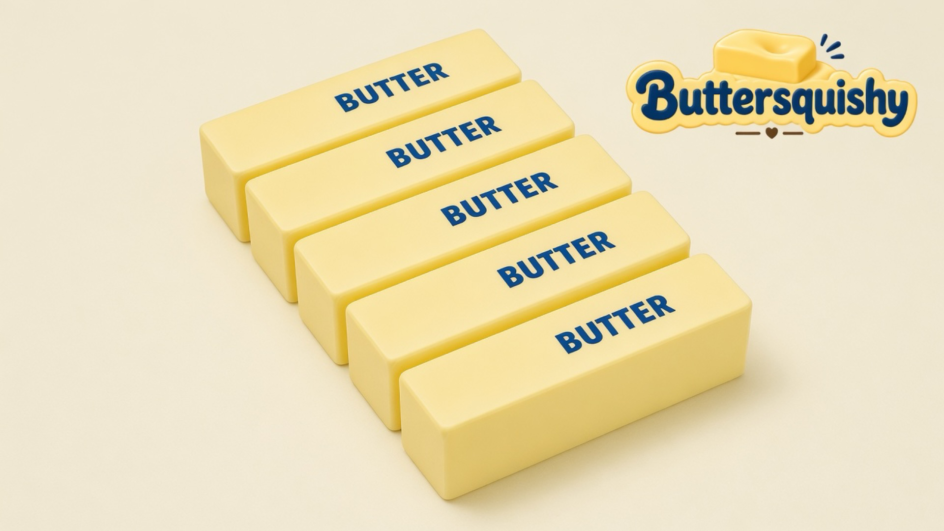 Five pale-yellow Classic Butter Stick 4oz loaves printed BUTTER on a light-yellow cream studio, Buttersquishy logo at upper right