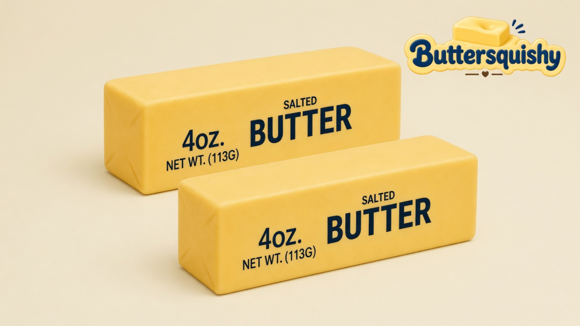 Two pale-yellow Classic Gift Butter sticks printed 4oz. NET WT.(113G) SALTED BUTTER on a light-yellow cream studio, Buttersquishy logo in the upper right