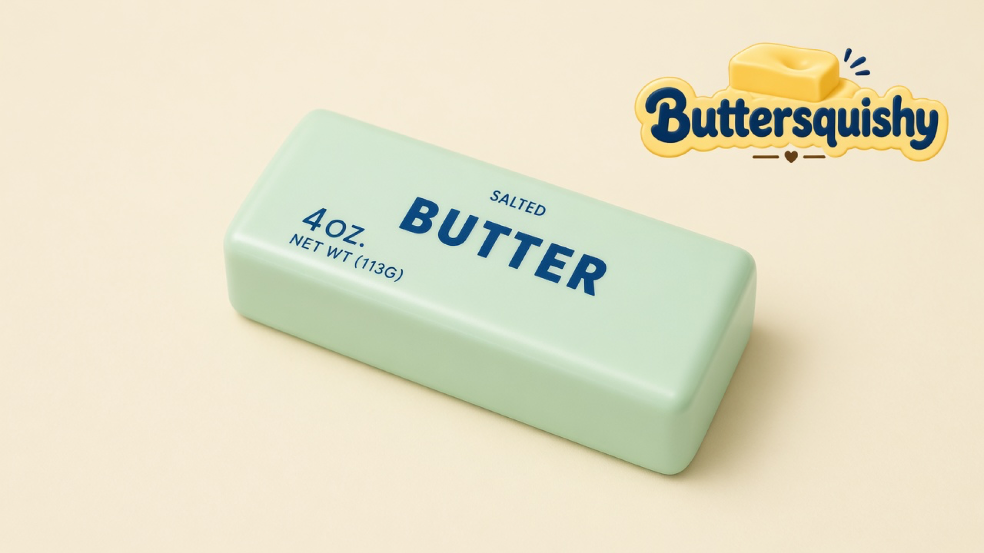 Pale mint Mint Lemon Crunch Butter stick printed SALTED BUTTER on cream studio, Buttersquishy logo at upper right