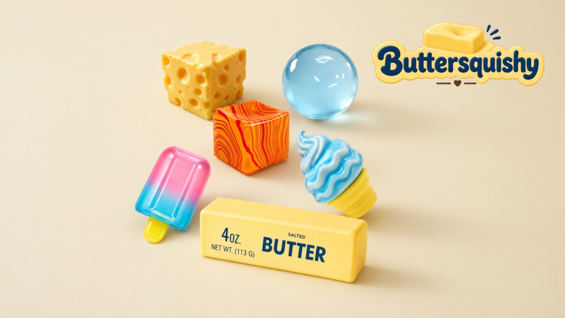 Mixed Butter Pack food-style cluster — cheese cube, blue sphere, orange swirl cube, gradient popsicle, blue swirl cone, and a yellow SALTED BUTTER loaf — on a light-yellow cream studio, Buttersquishy logo in the upper right