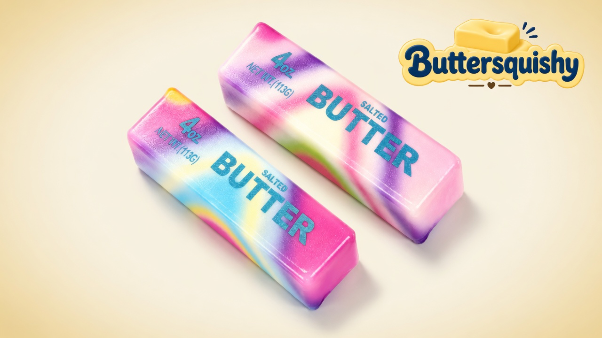 Two pink-purple-blue-yellow tie-dye butter sticks printed 4OZ NET WT.(113G) BUTTER SALTED on a light-yellow cream studio, Buttersquishy logo at upper right