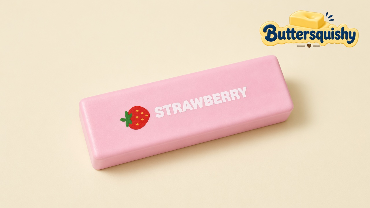 One matte pink Strawberry Butter Stick printed STRAWBERRY with a berry icon on a light-yellow cream studio, Buttersquishy logo at upper right