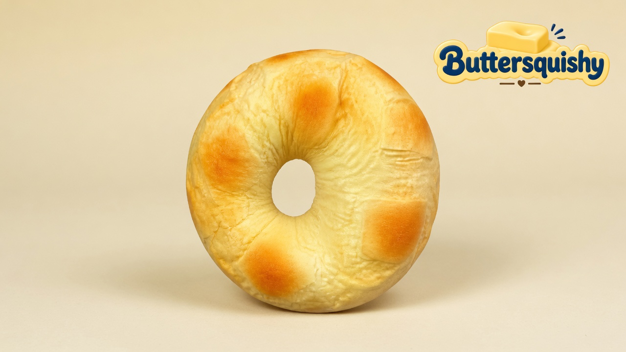 A round toasted Bread Toast Loaf with a center hole and golden-brown patches on a light-yellow cream studio sweep, Buttersquishy logo in the upper right
