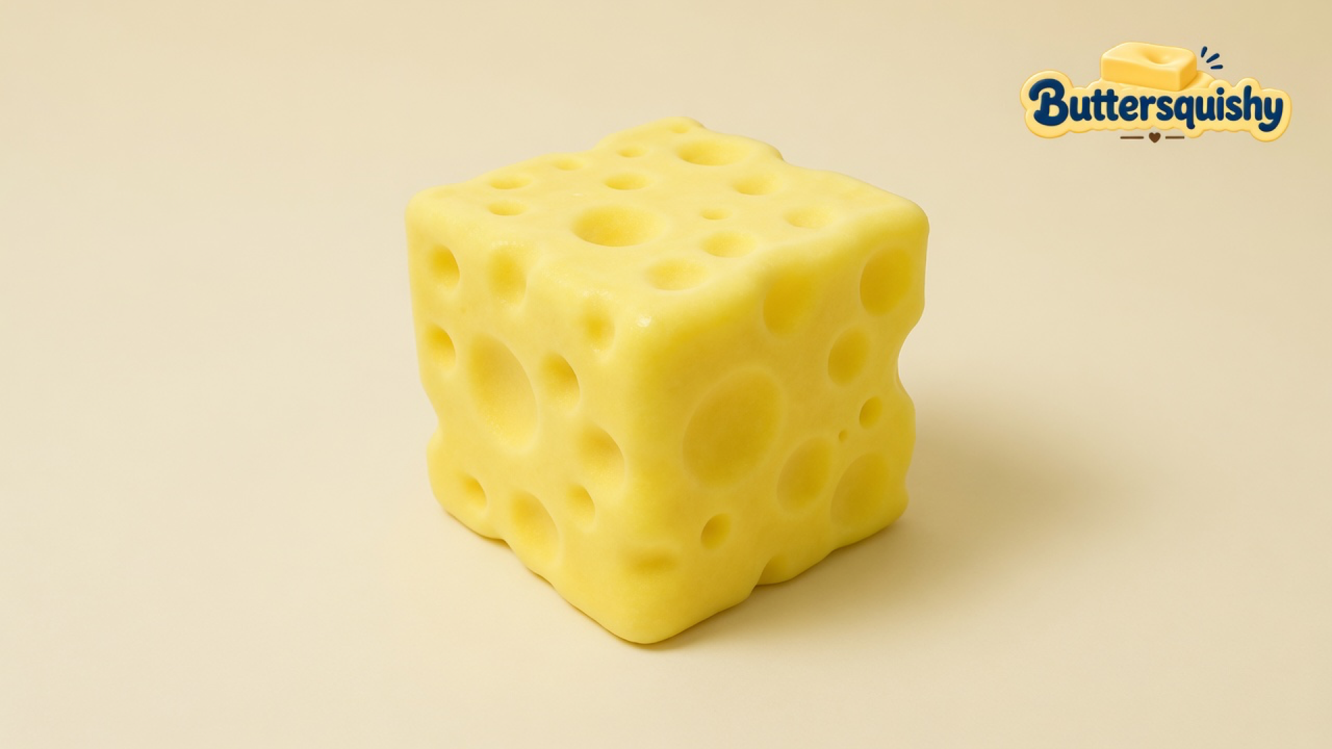 One bright yellow Cheese Cube Loaf with mixed-size holes on a light-yellow cream studio sweep, Buttersquishy logo in the upper right