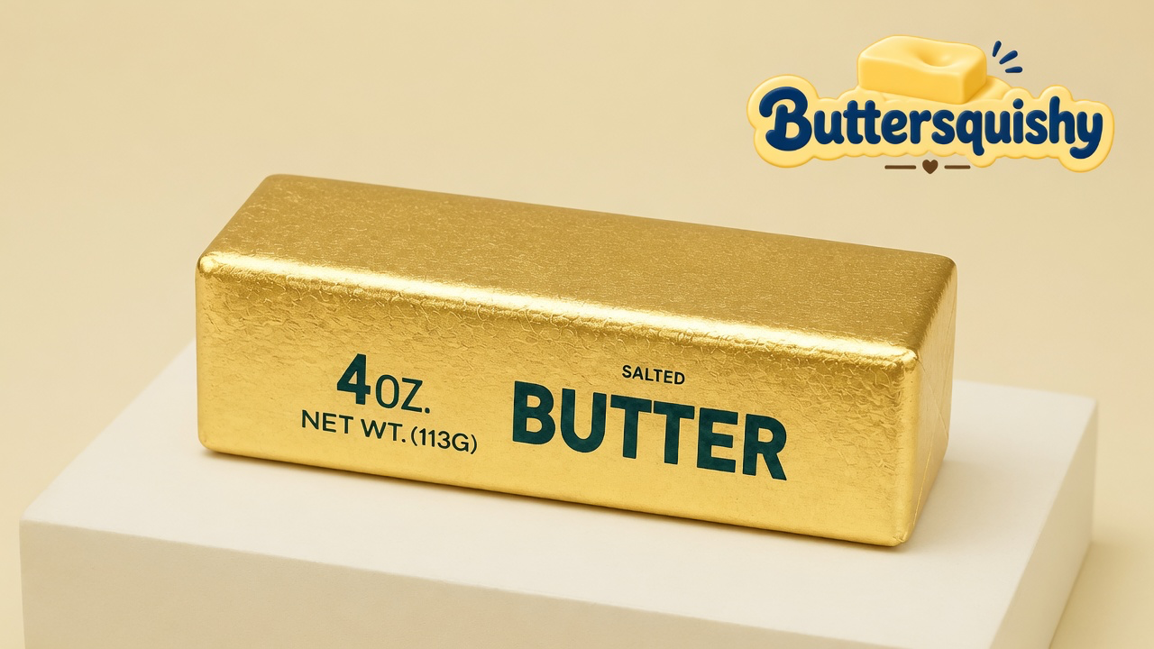One gold-foil Golden Butter Stick printed SALTED BUTTER and 4OZ on a light-yellow cream studio block, Buttersquishy logo in the upper right