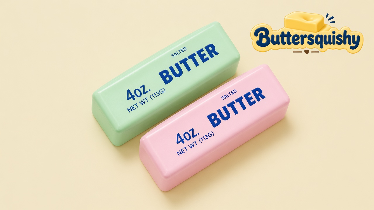 Mint-green and pink Mint Berry Crunch Butter sticks printed SALTED BUTTER on a cream studio background, with the Buttersquishy logo in the upper right