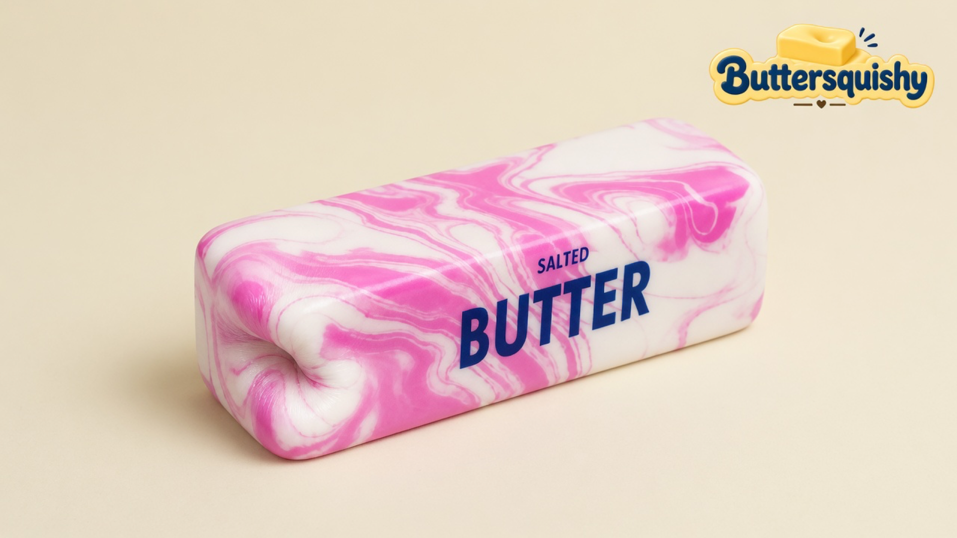 One pink-and-white marble Pink Marble Butter loaf printed SALTED BUTTER on a light-yellow cream studio sweep, Buttersquishy logo in the upper right