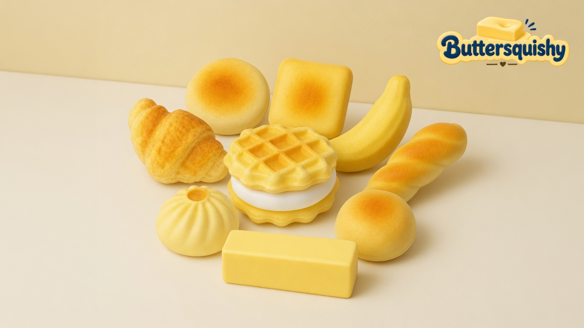 Nine bakery-shaped squeeze toys — croissant, two toasted buns, square toast, banana, twisted baguette, waffle sandwich, steamed bun, and a plain yellow stick — clustered on a light-yellow cream studio surface, Buttersquishy logo in the upper right