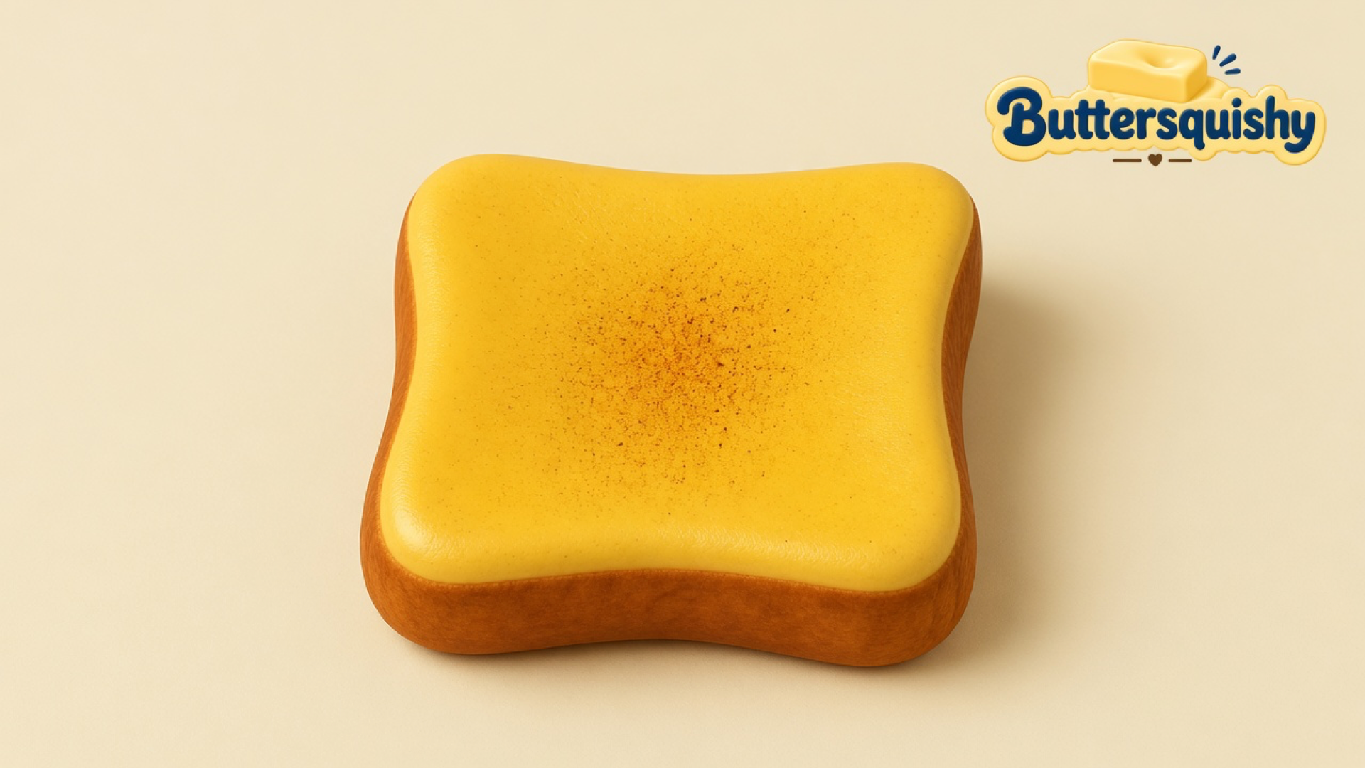 Cream rounded-square Bread Toast Loaf with a brown-speckled yellow face and golden crust on a light-yellow cream studio surface, Buttersquishy logo in the upper right