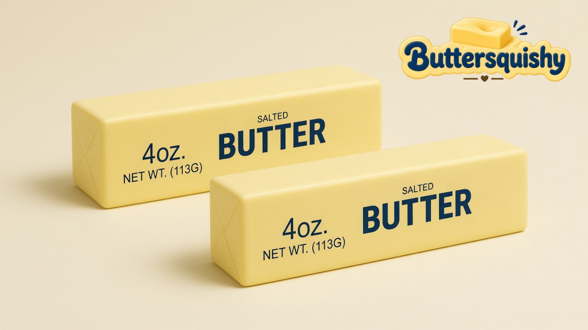 Two pale-yellow Classic Butter Stick 4oz loaves printed SALTED BUTTER on a light-yellow cream studio surface, Buttersquishy logo in the upper right