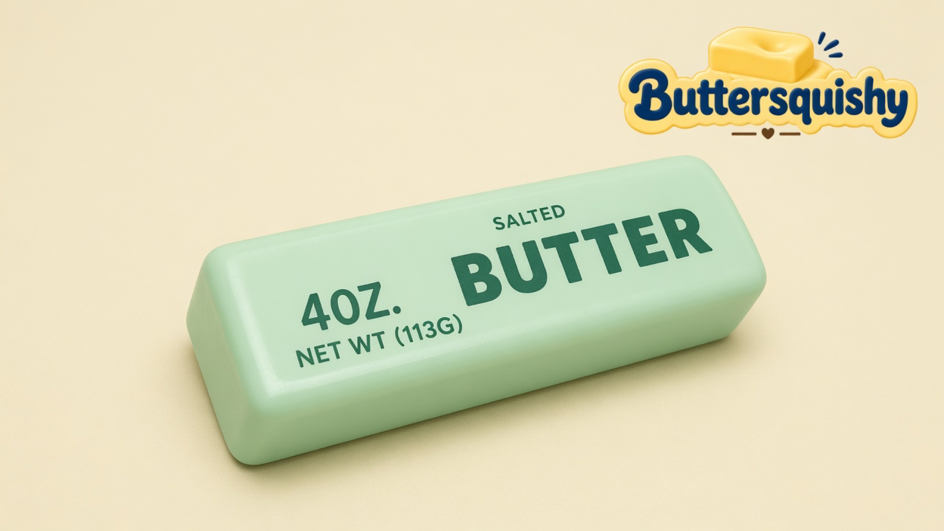 Pale mint-green Mint Butter Stick with forest-green SALTED BUTTER and 4OZ print on a light-yellow cream studio surface, Buttersquishy logo in the upper right