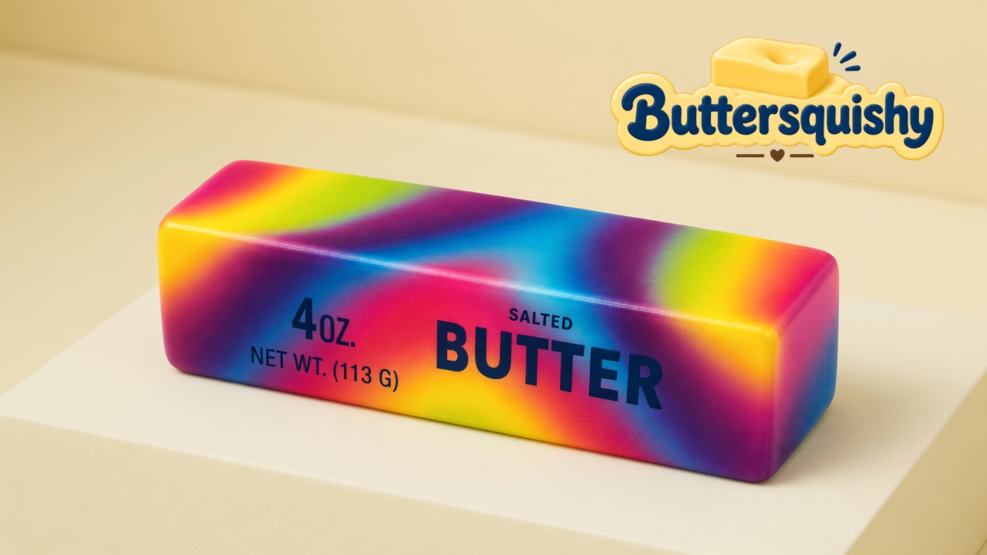 One neon-rainbow butter stick printed SALTED BUTTER and 4 OZ. on a light-yellow cream studio surface, Buttersquishy logo in the upper right