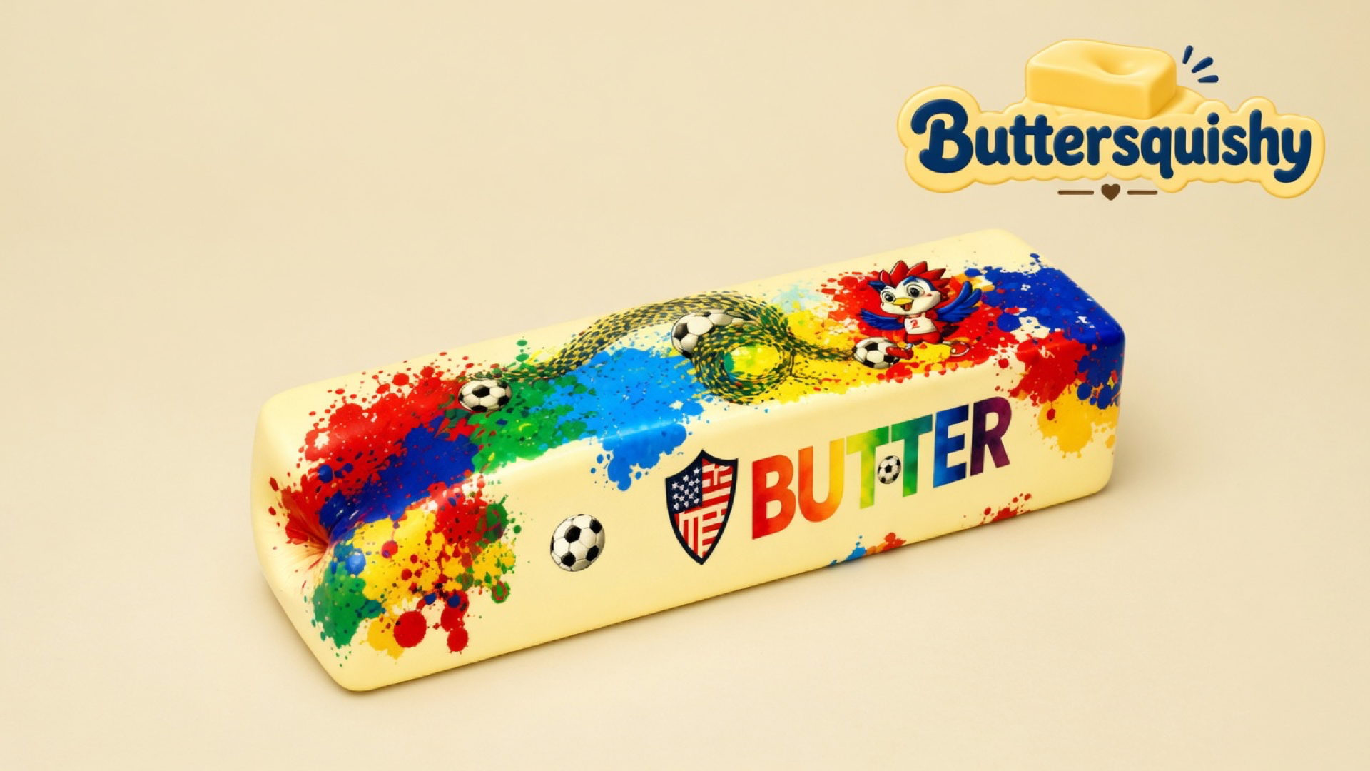 One cream Splash Marble Butter loaf with paint-splash, soccer print, and rainbow BUTTER type on a light-yellow cream studio surface, Buttersquishy logo in the upper right