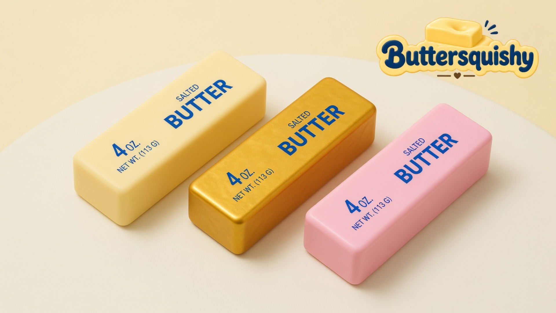 Three cream, gold, and pink Sunset Trio Butter sticks printed SALTED BUTTER on a light-yellow cream studio surface, Buttersquishy logo in the upper right
