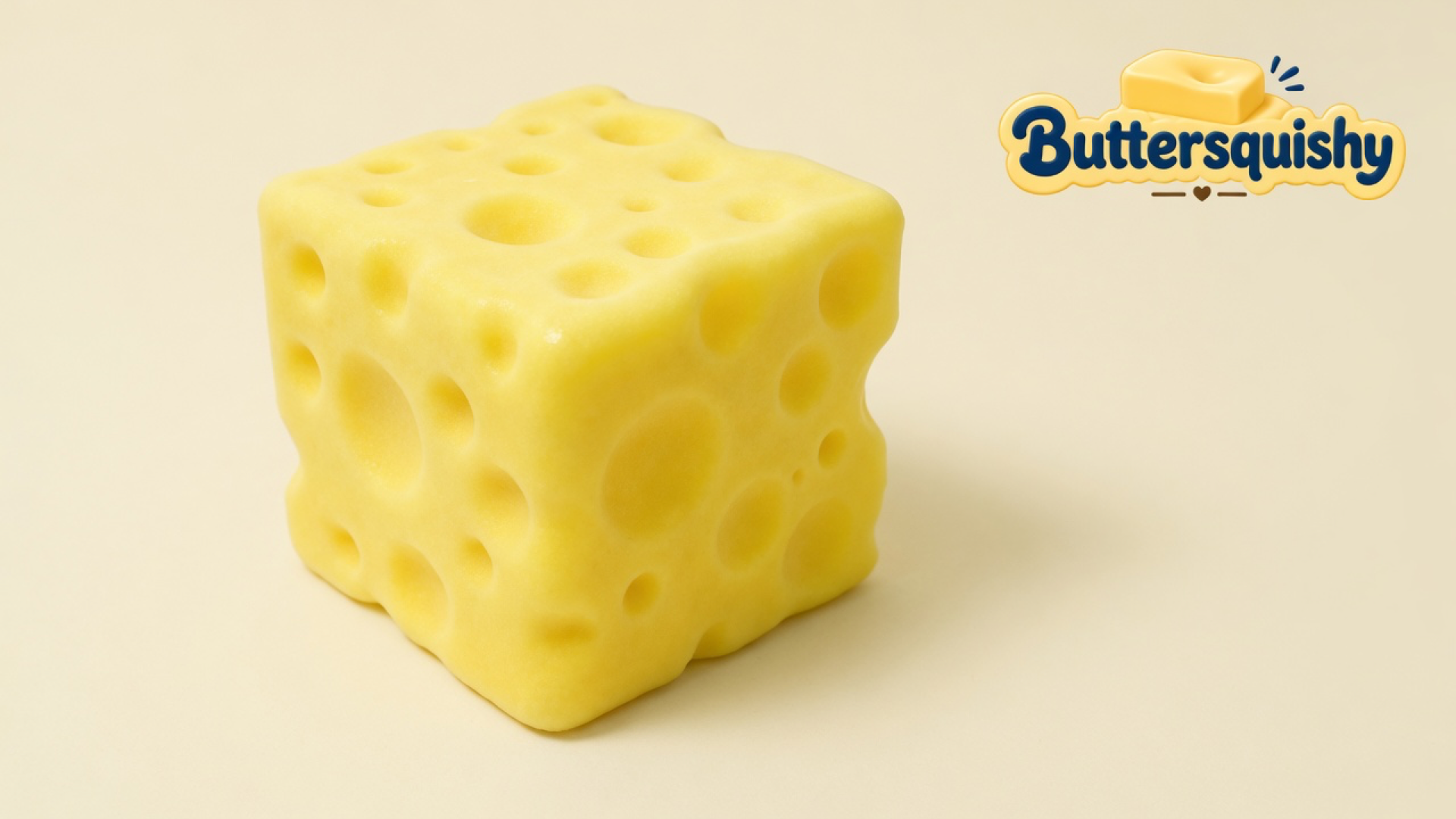 One cheddar-yellow holey Cheese Cube Loaf on a soft light-yellow cream studio surface, Buttersquishy logo in the upper right
