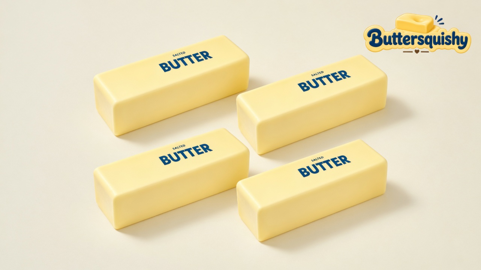 Four matching pale-yellow Classic Butter Stick 4oz toys printed SALTED BUTTER on a light-yellow cream studio surface, Buttersquishy logo in the upper right