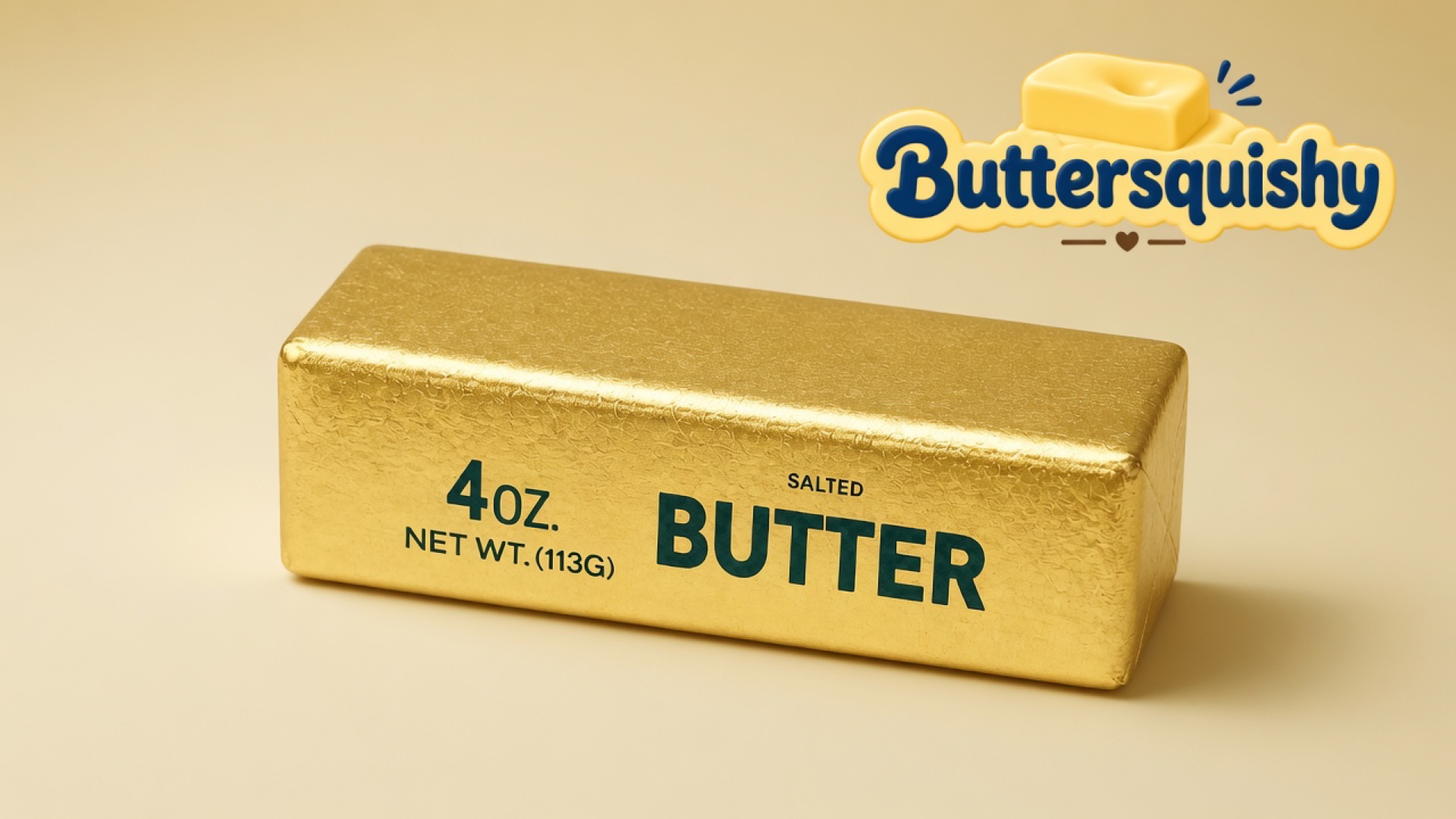 One metallic gold-foil Golden Butter Stick printed 4OZ. NET WT.(113G) SALTED BUTTER on a soft light-yellow cream studio, Buttersquishy logo in the upper right
