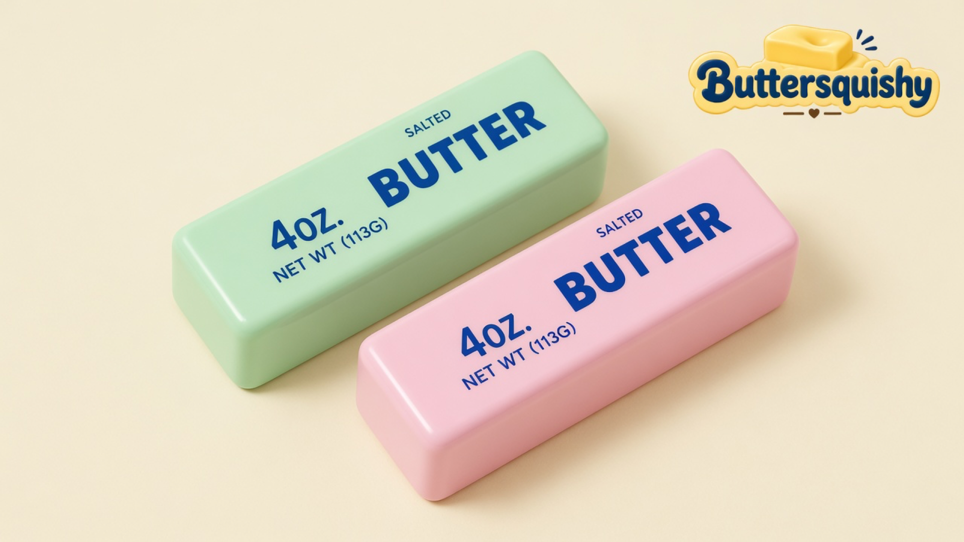 Mint-green and pink Mint Berry Crunch Butter sticks printed SALTED BUTTER 4OZ on a light-yellow cream studio surface, Buttersquishy logo in the upper right