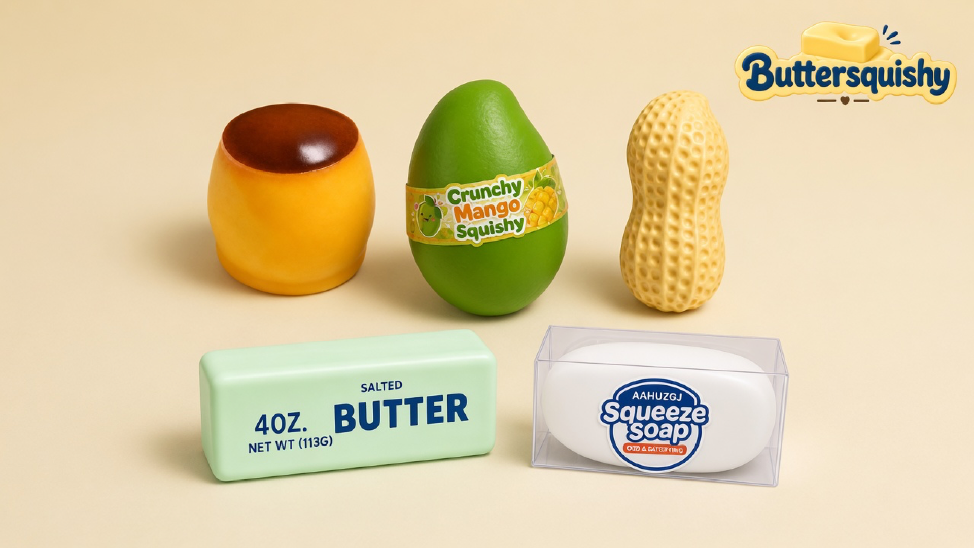 Five mixed crunchy toys — custard cup, green mango egg, peanut, mint grocery butter stick, and boxed squeeze soap — on a light-yellow cream studio surface, Buttersquishy logo in the upper right