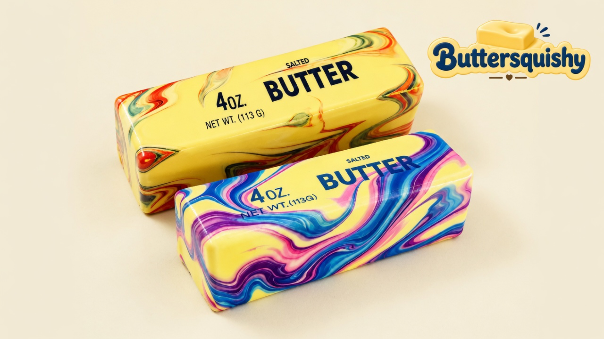 Warm red-orange-green marble stick with black 4OZ SALTED BUTTER type behind a blue-purple-pink marble stick with blue type, cream studio, Buttersquishy logo at upper right