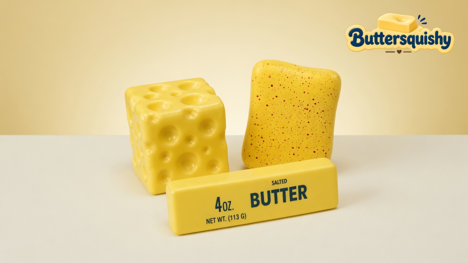 Yellow holey cheese cube, red-speckled yellow loaf, and a navy 4OZ SALTED BUTTER stick on a soft light-yellow cream studio surface, Buttersquishy logo in the upper right
