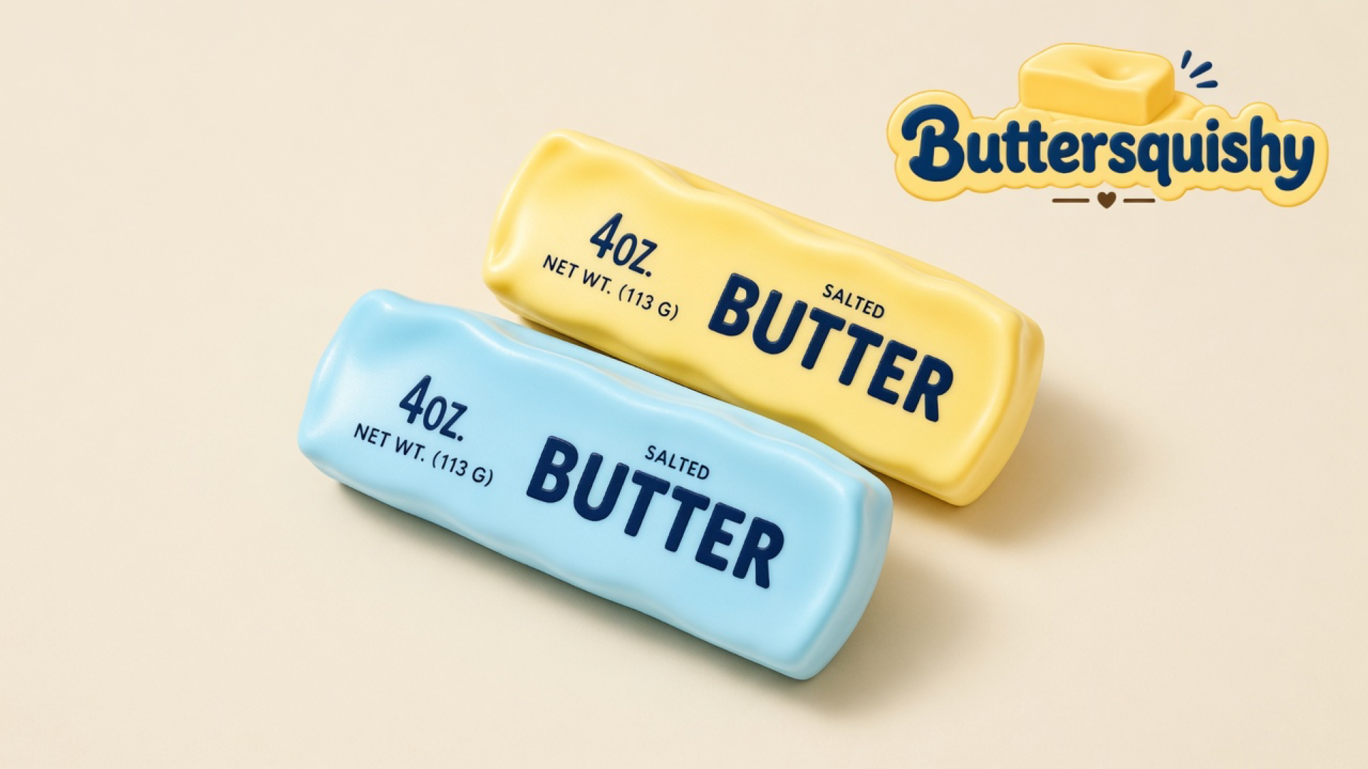 Two rectangular butter-stick toys — lemon-yellow and sky-blue, both printed 4OZ. NET WT. (113 G) SALTED BUTTER — on a soft light-yellow cream studio, Buttersquishy logo in the upper right