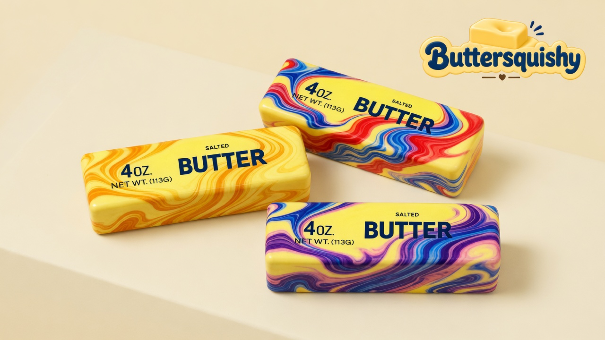 Three Oil-Paint Swirl Butter sticks with yellow SALTED BUTTER faces and gold-orange, red-blue, and purple-magenta marble rims on a light-yellow cream studio surface, Buttersquishy logo in the upper right