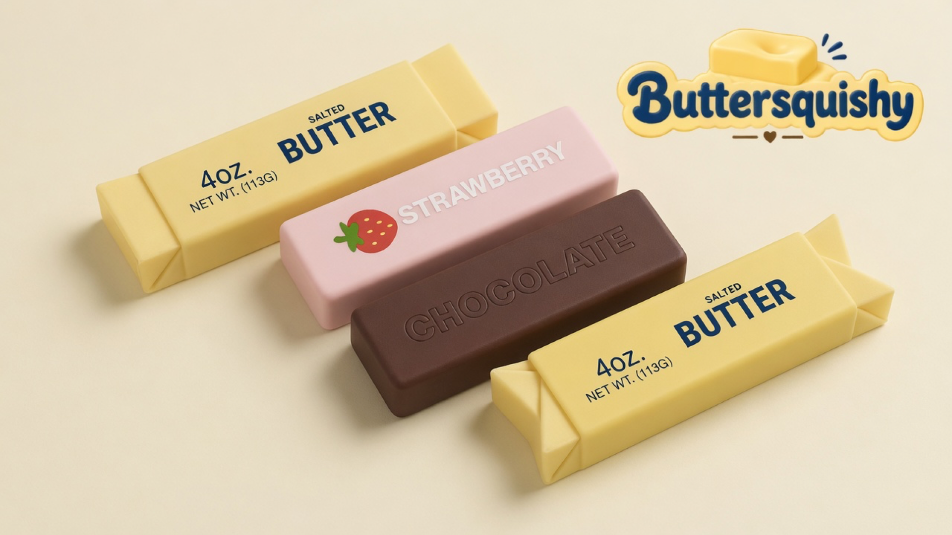 Four Strawberry Chocolate Butter sticks — two yellow salted-butter prints, one pink strawberry loaf, and one brown chocolate loaf — on a cream studio surface, Buttersquishy logo in the upper right